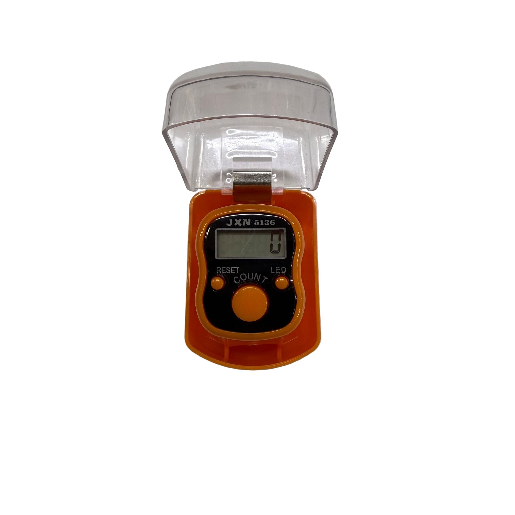 Digital hand held light with clear cover on a white background