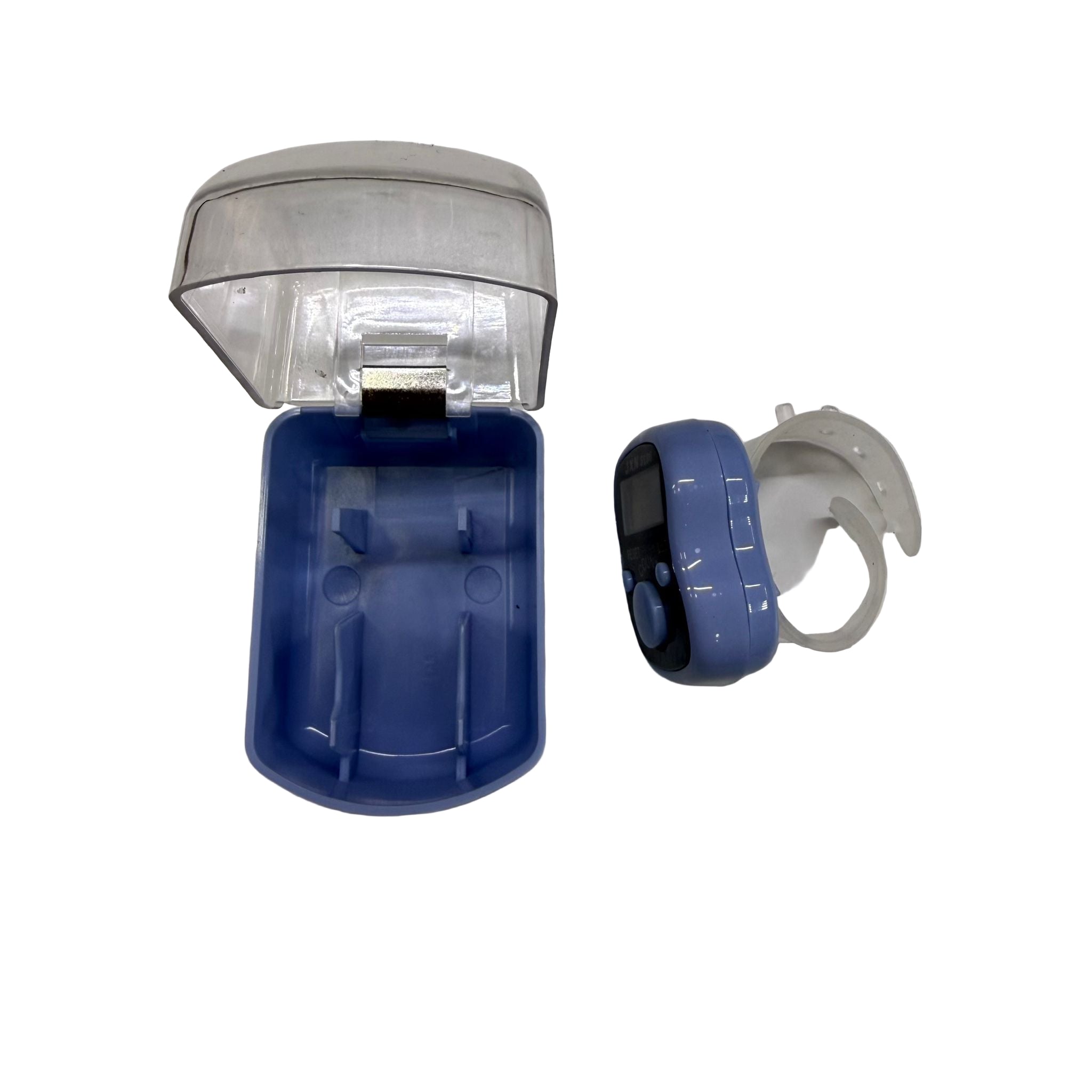 LED light with blue base and white earbud on a white background