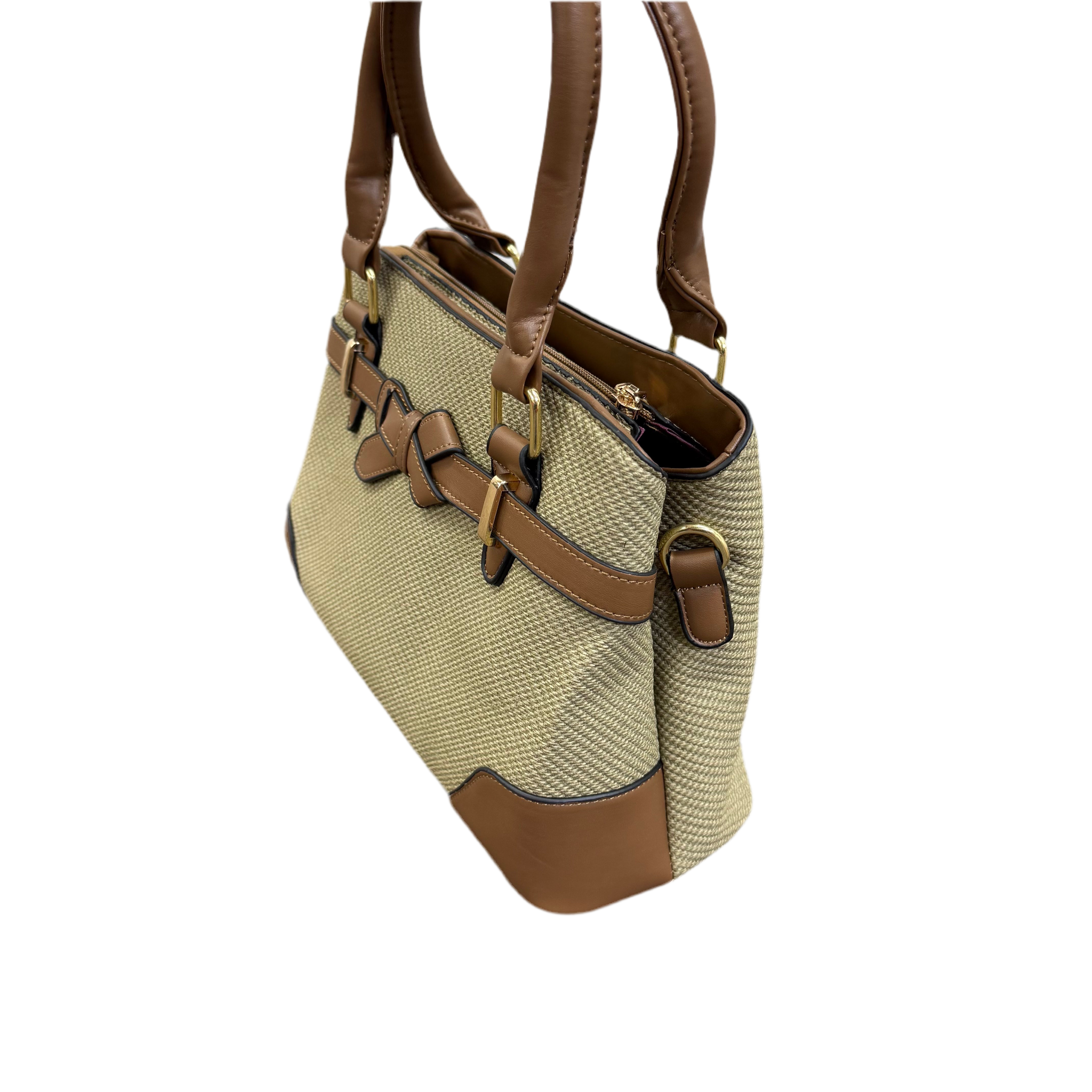 Beige handbag with brown accents on a white background