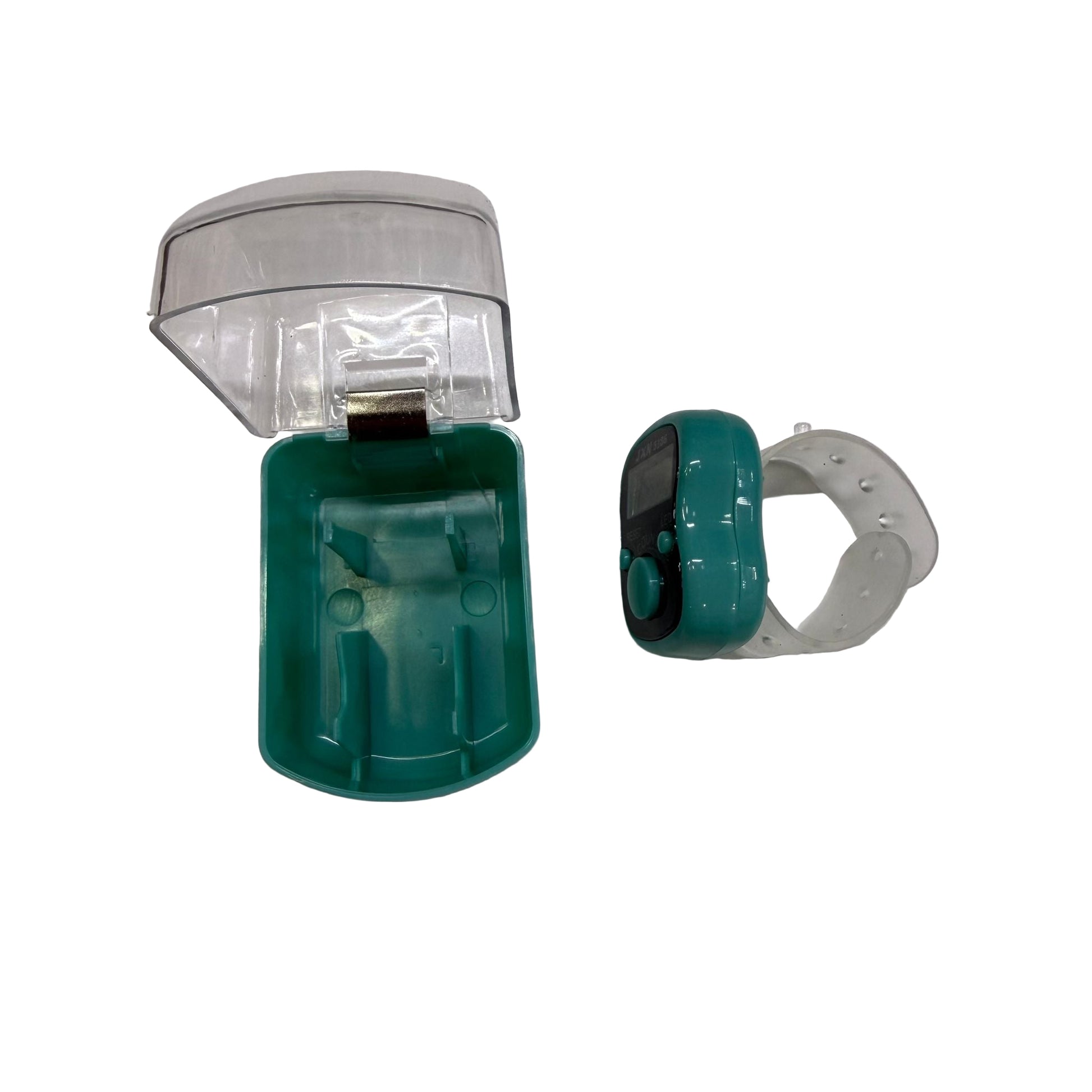 Green outdoor light fixture with a sensor on a white background