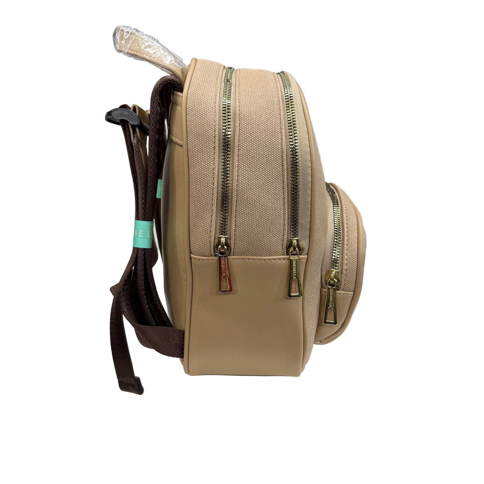 Beige backpack with multiple zippers on a white surface