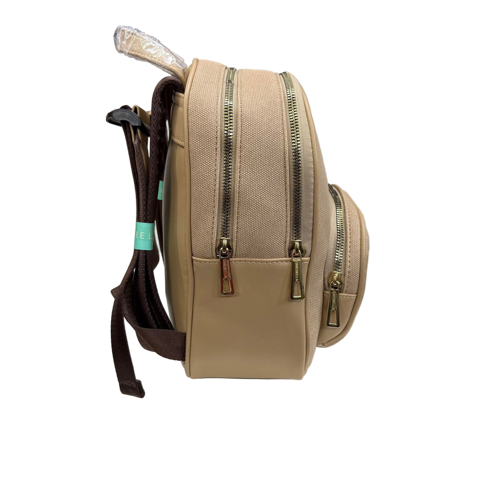 Beige backpack with multiple zippers on a white surface