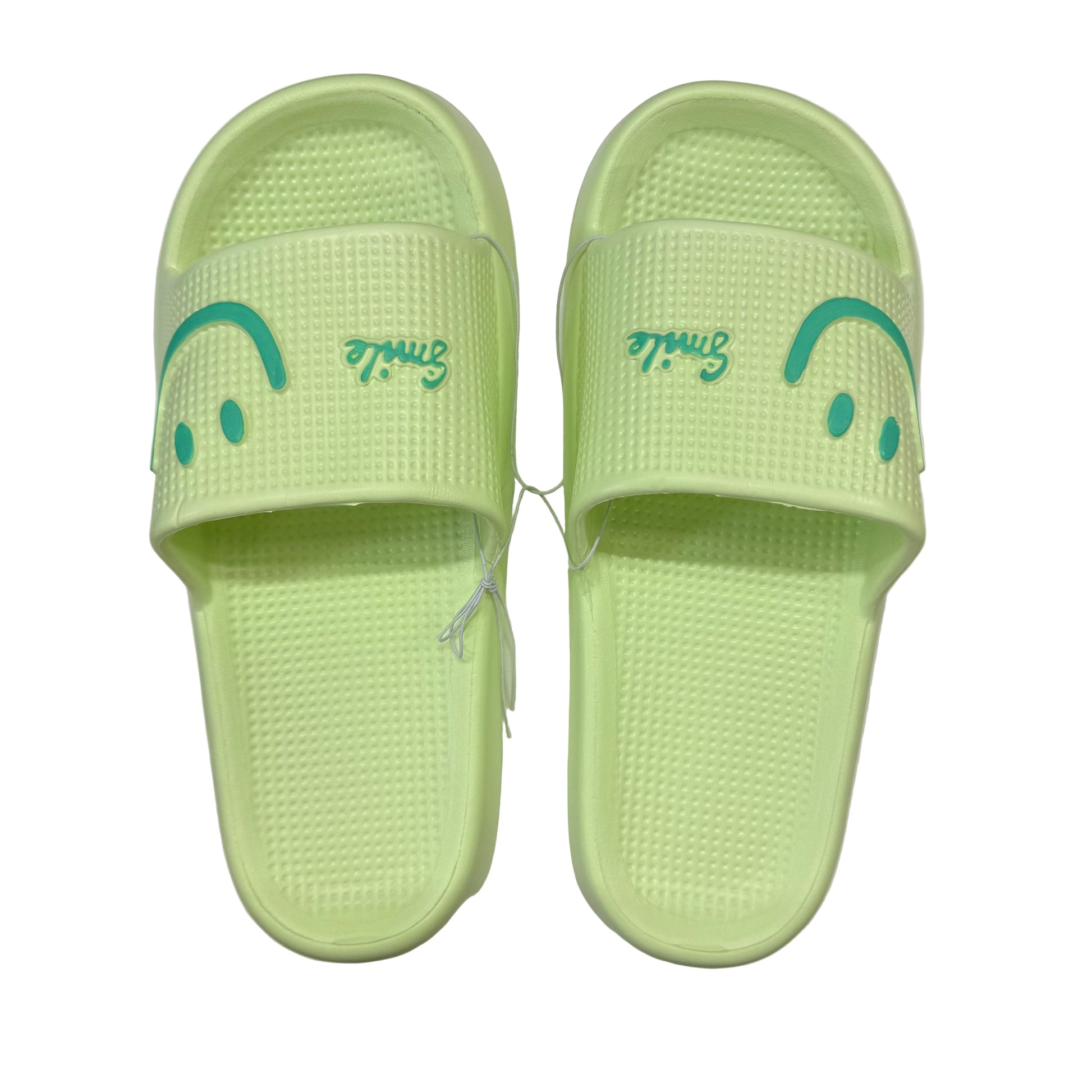 Pair of light green slides with smiley face design on a white background