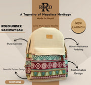 Beige backpack with patterned design on a beige background, featuring Rolo branding.