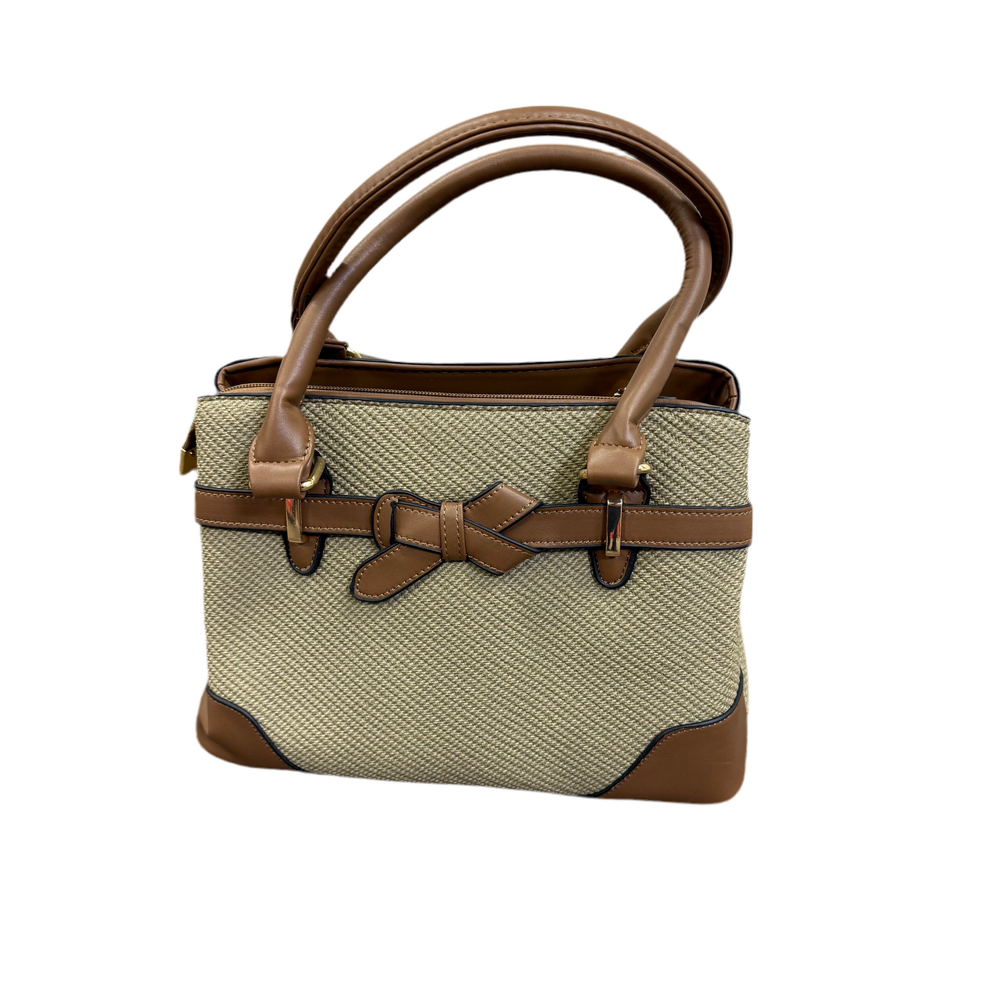 Handbag with brown leather accents on a white background