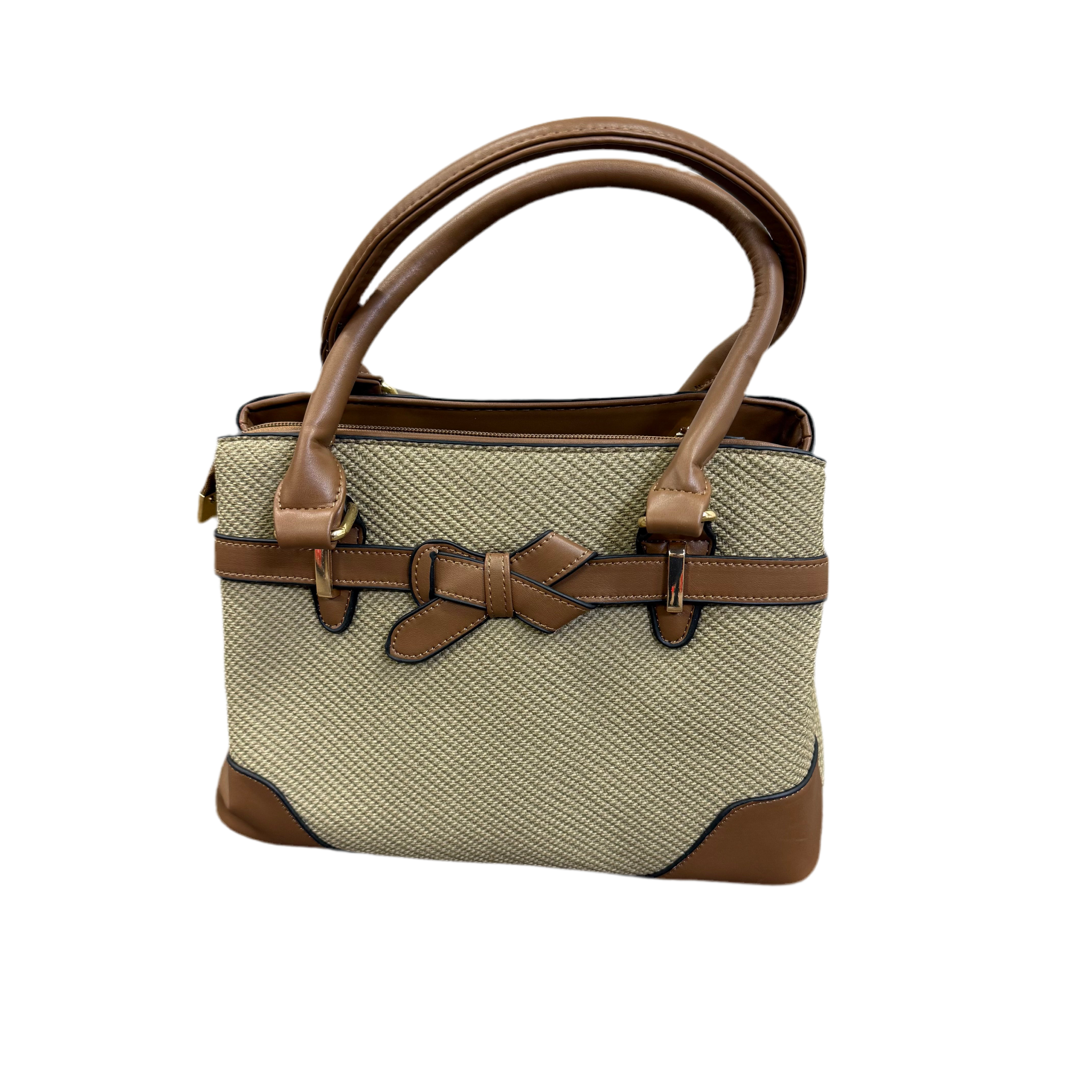 Handbag with brown leather accents on a white background