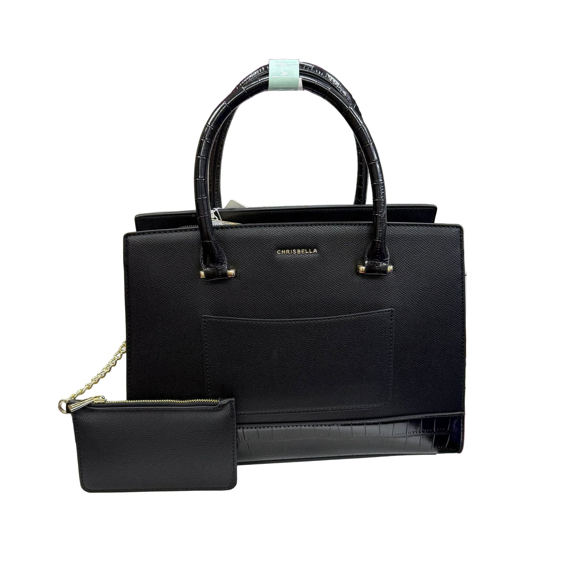 Black handbag with matching pouch on a white background