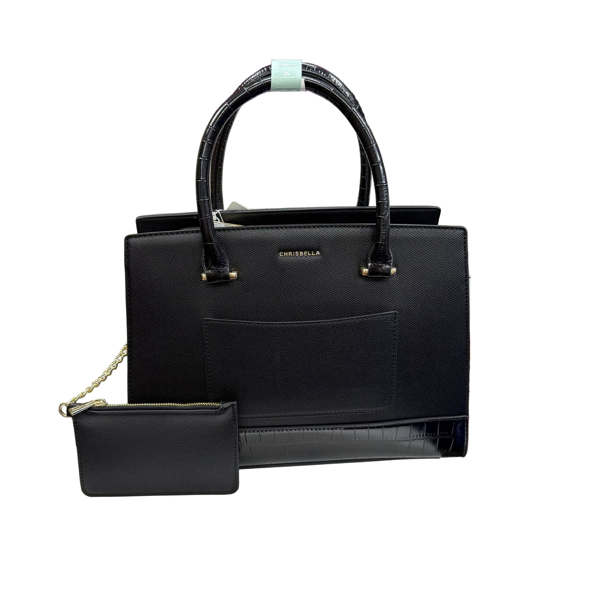 Black handbag with matching pouch on a white background