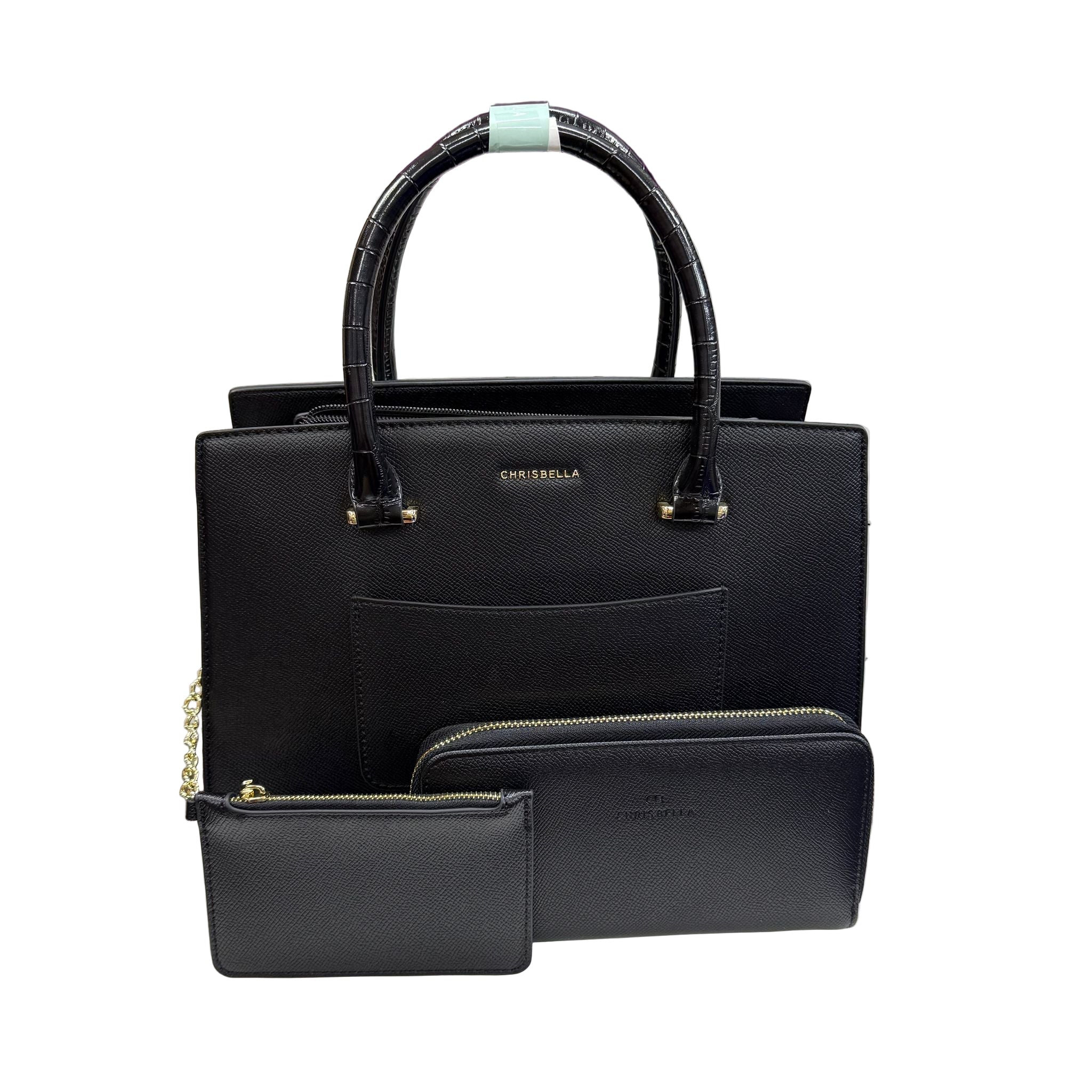 Black handbag and wallet set on a white surface with bags in the background