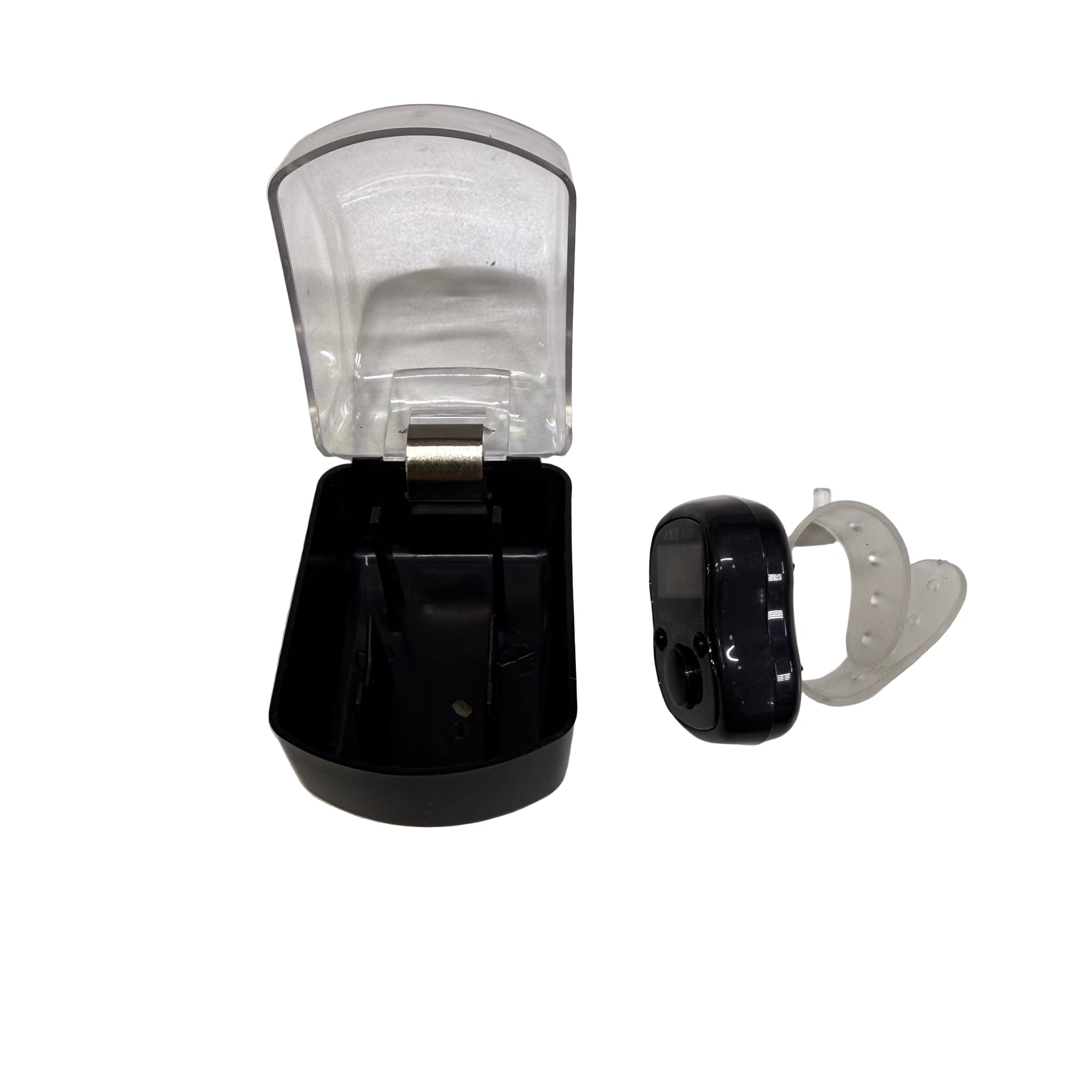Black and clear plastic container with a lid on a white background
