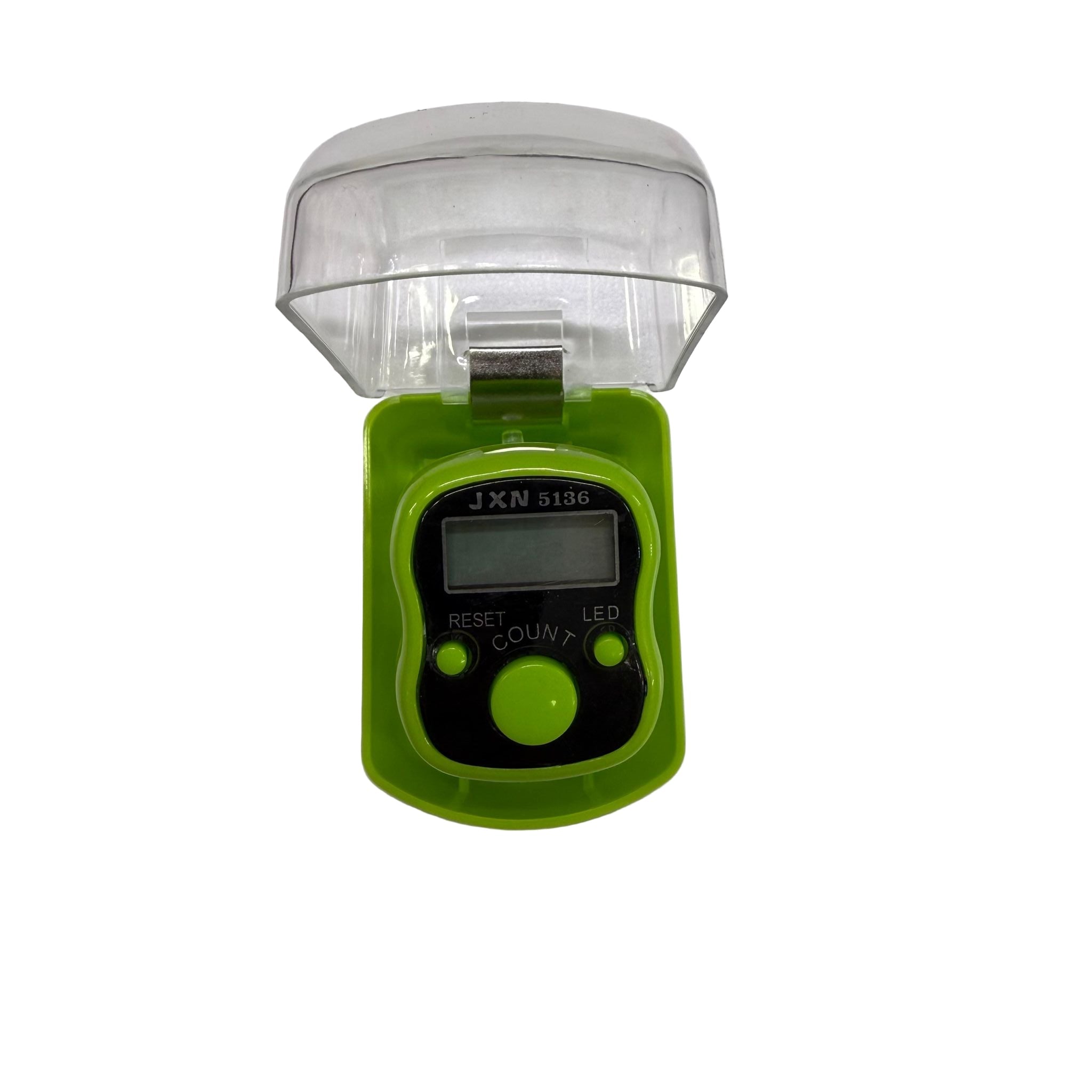 Green electronic device with a clear cover on a white background