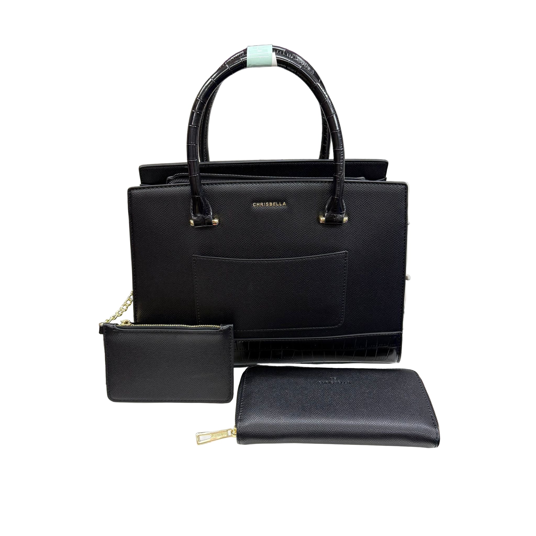 Black handbag with matching wallet and pouch on a white table