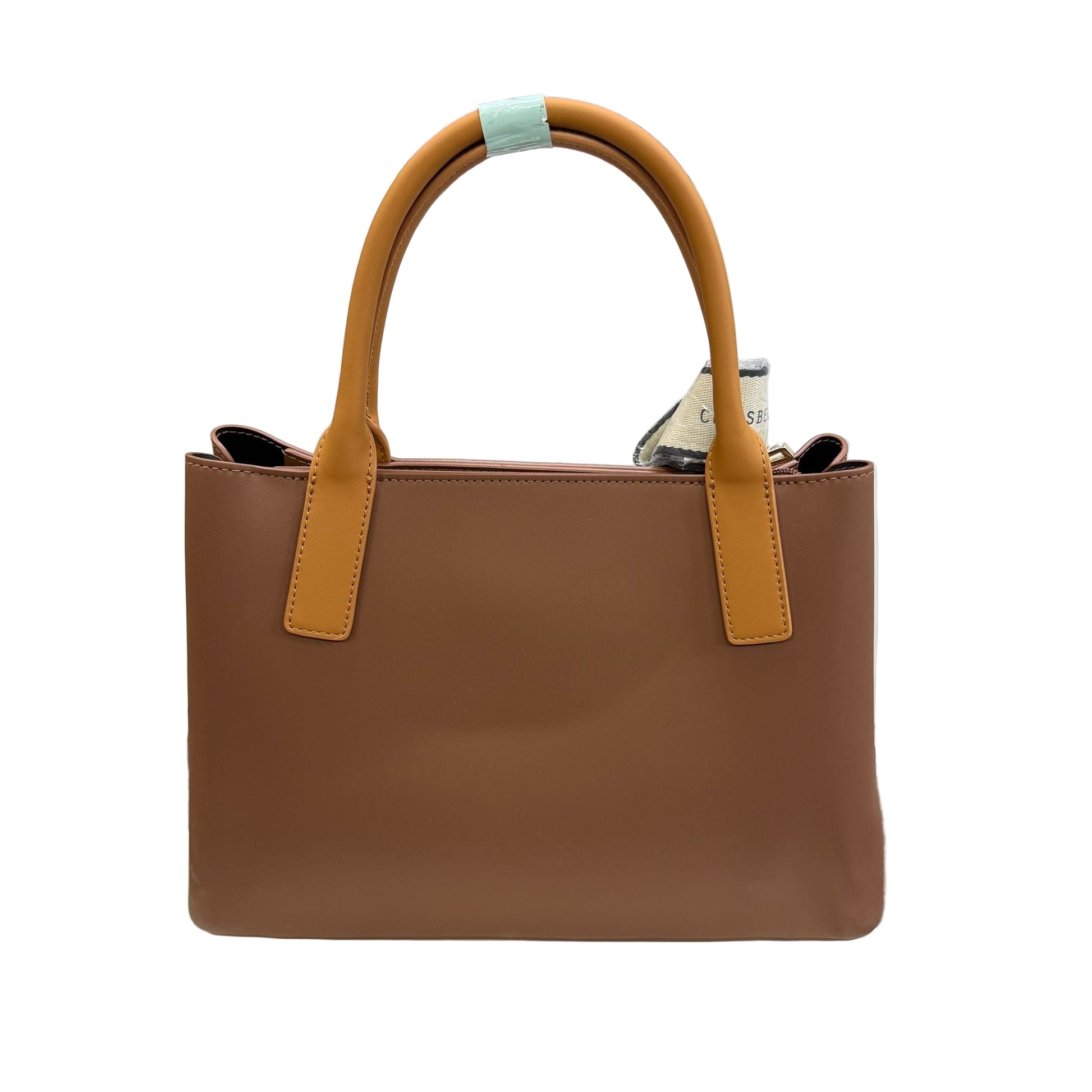 Brown handbag with tan handles on a white background