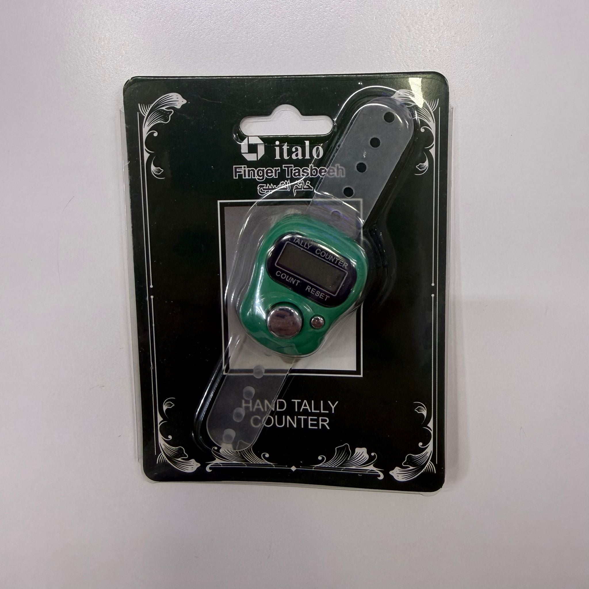 Green hand tally counter in packaging with 'italo' branding on a white background