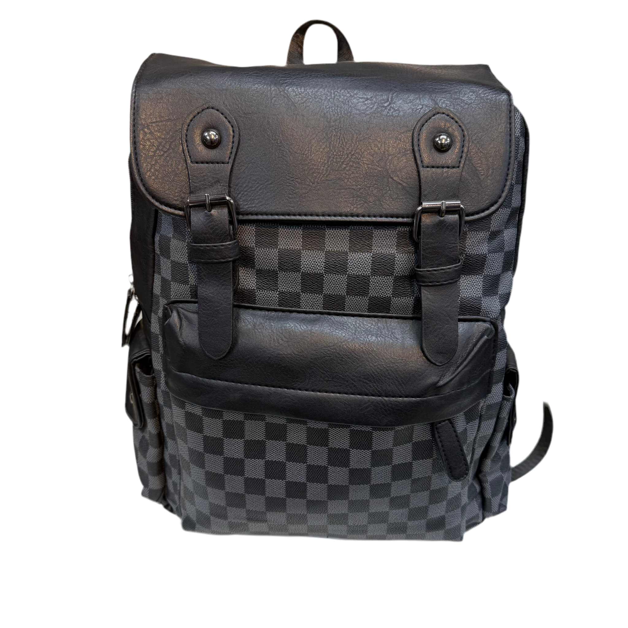 Black and gray checkered backpack with leather accents on a white background