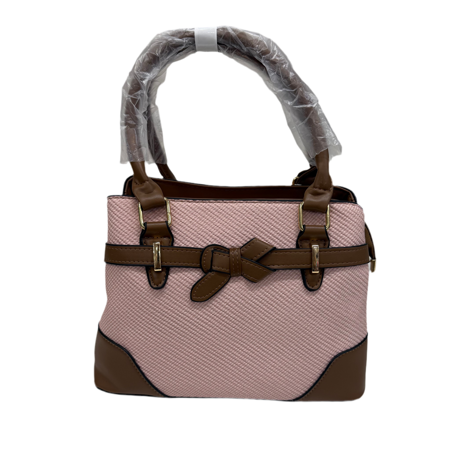 Handbag with pink pattern and brown accents on a white background