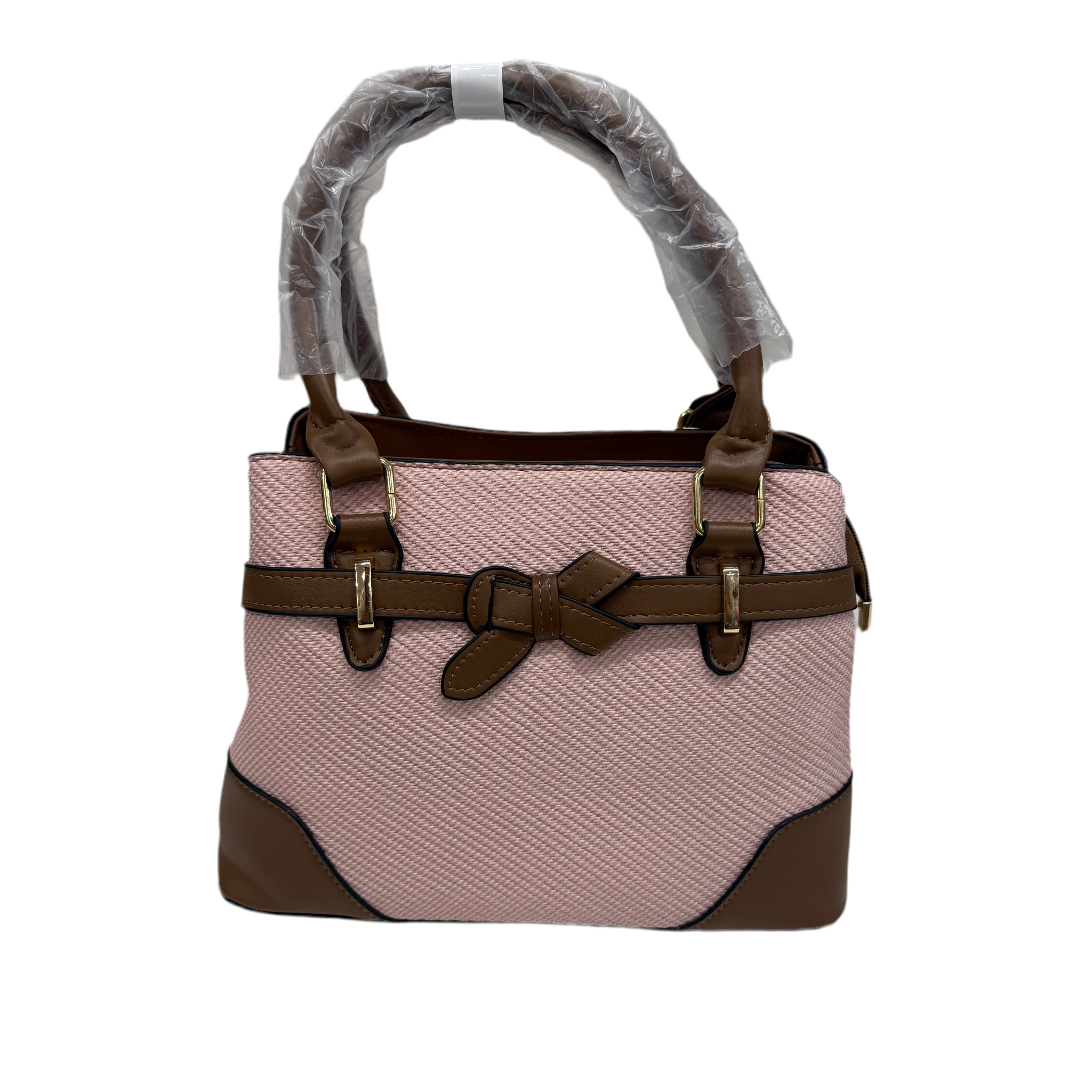 Handbag with pink pattern and brown accents on a white background