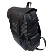 Black and gray checkered backpack on a white background