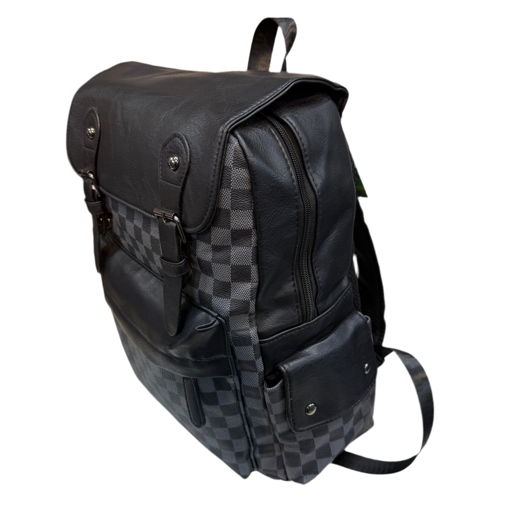 Black and gray checkered backpack on a white background