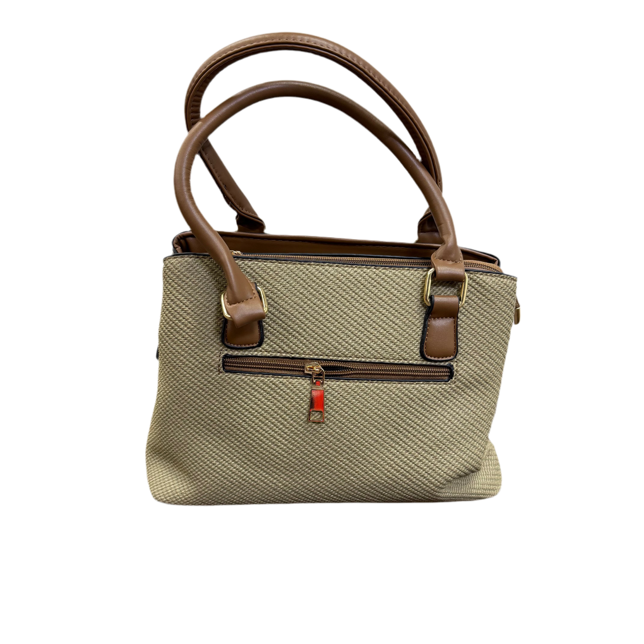 Beige handbag with brown handles and accents on a white background