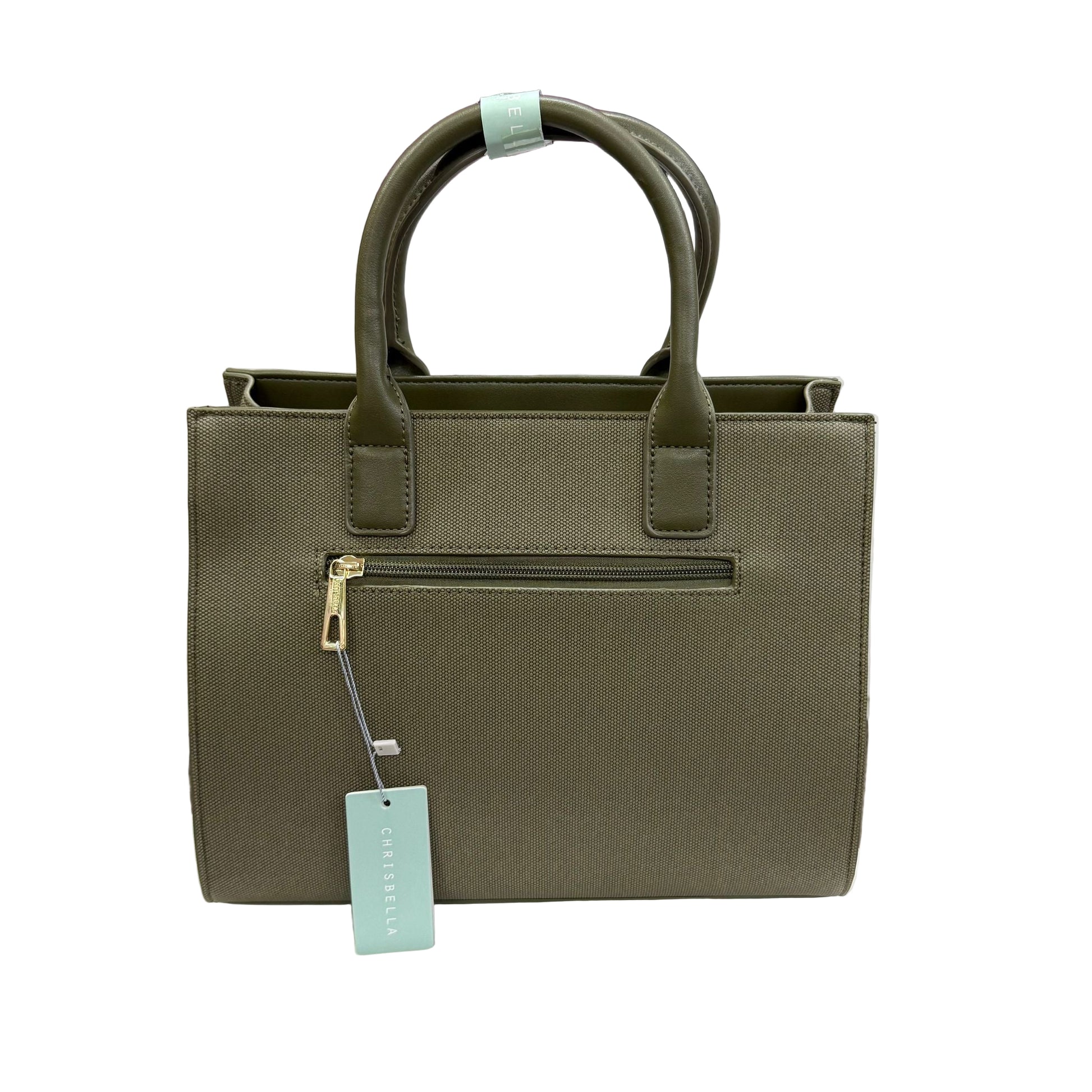 Green handbag with a visible brand tag on a white background