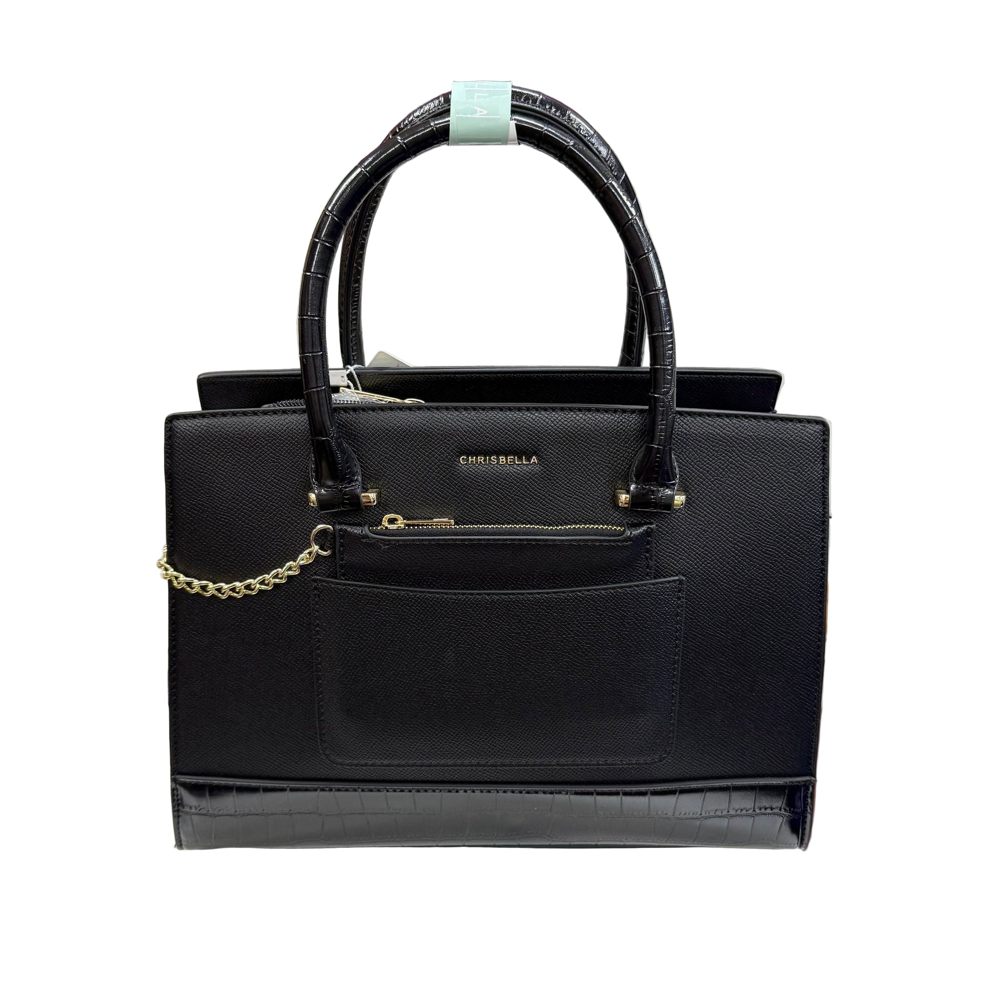 Black handbag with gold chain detail on a white background