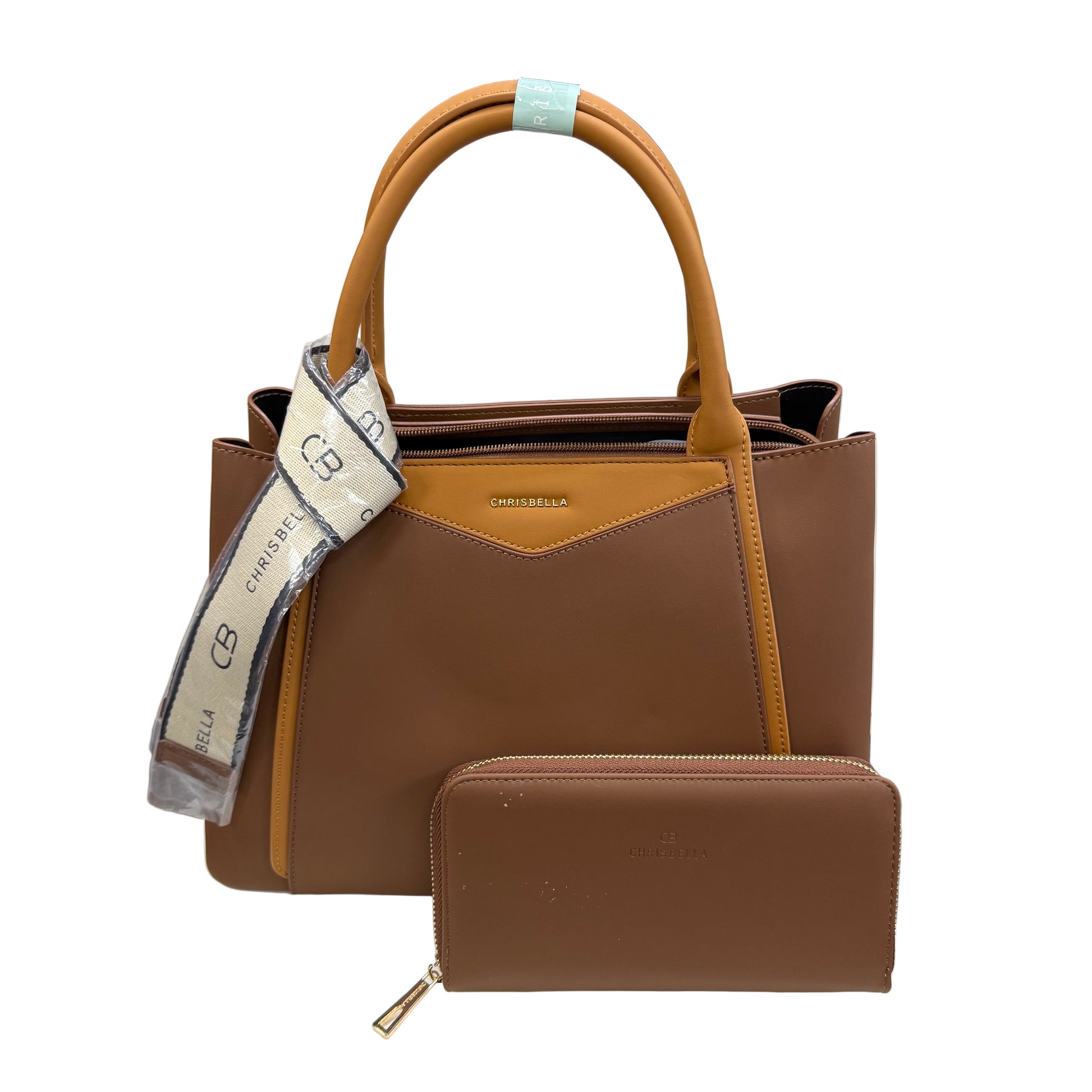 Brown handbag with matching wallet on a white surface, with a blurred background of bags.