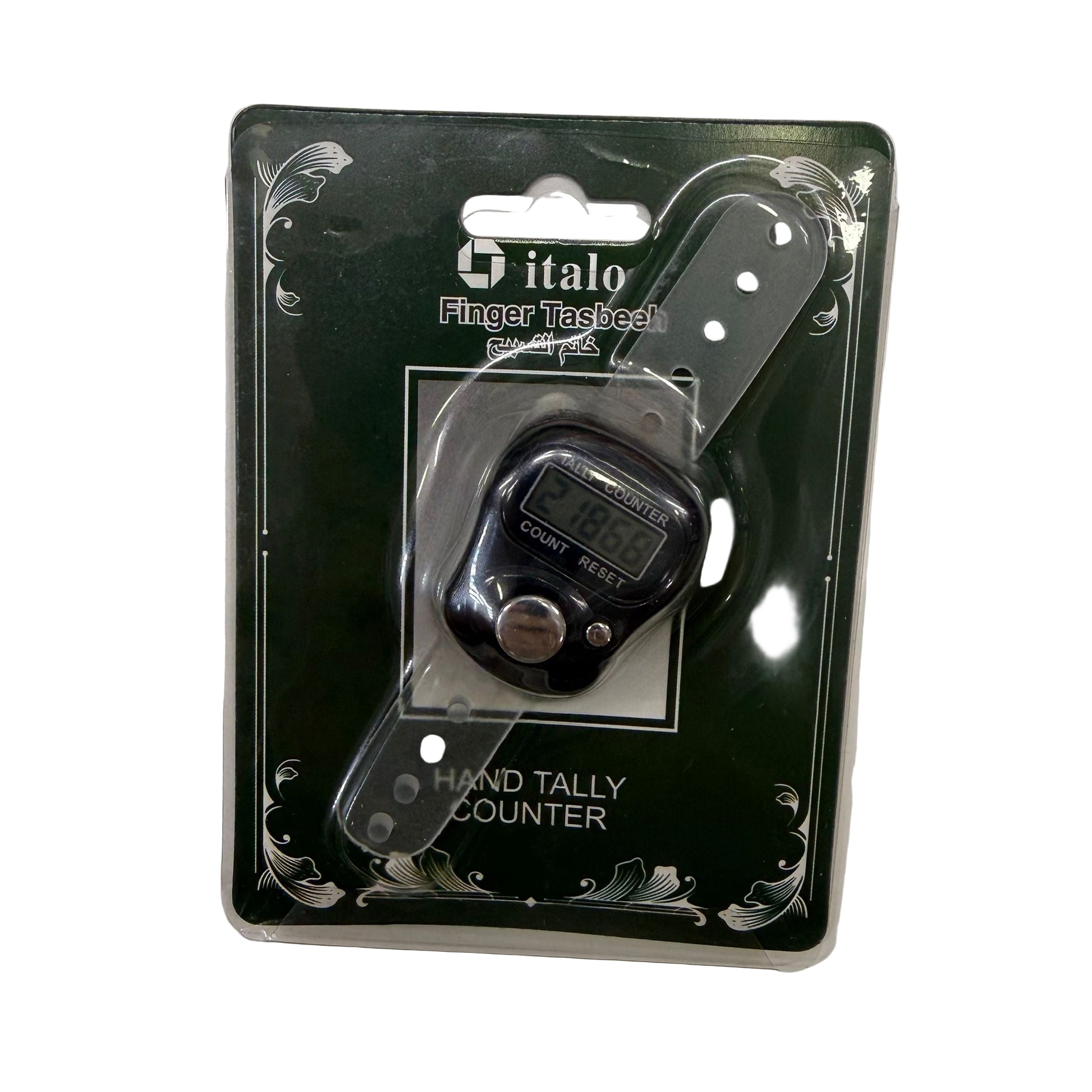 Italo hand tally counter on a clear plastic packaging with brand logo.