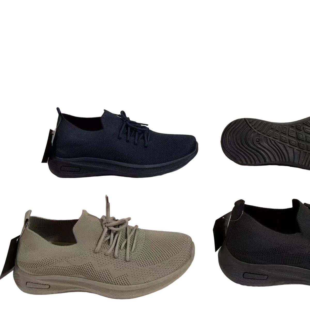 Black and gray sneakers with a focus on design and features on a white background