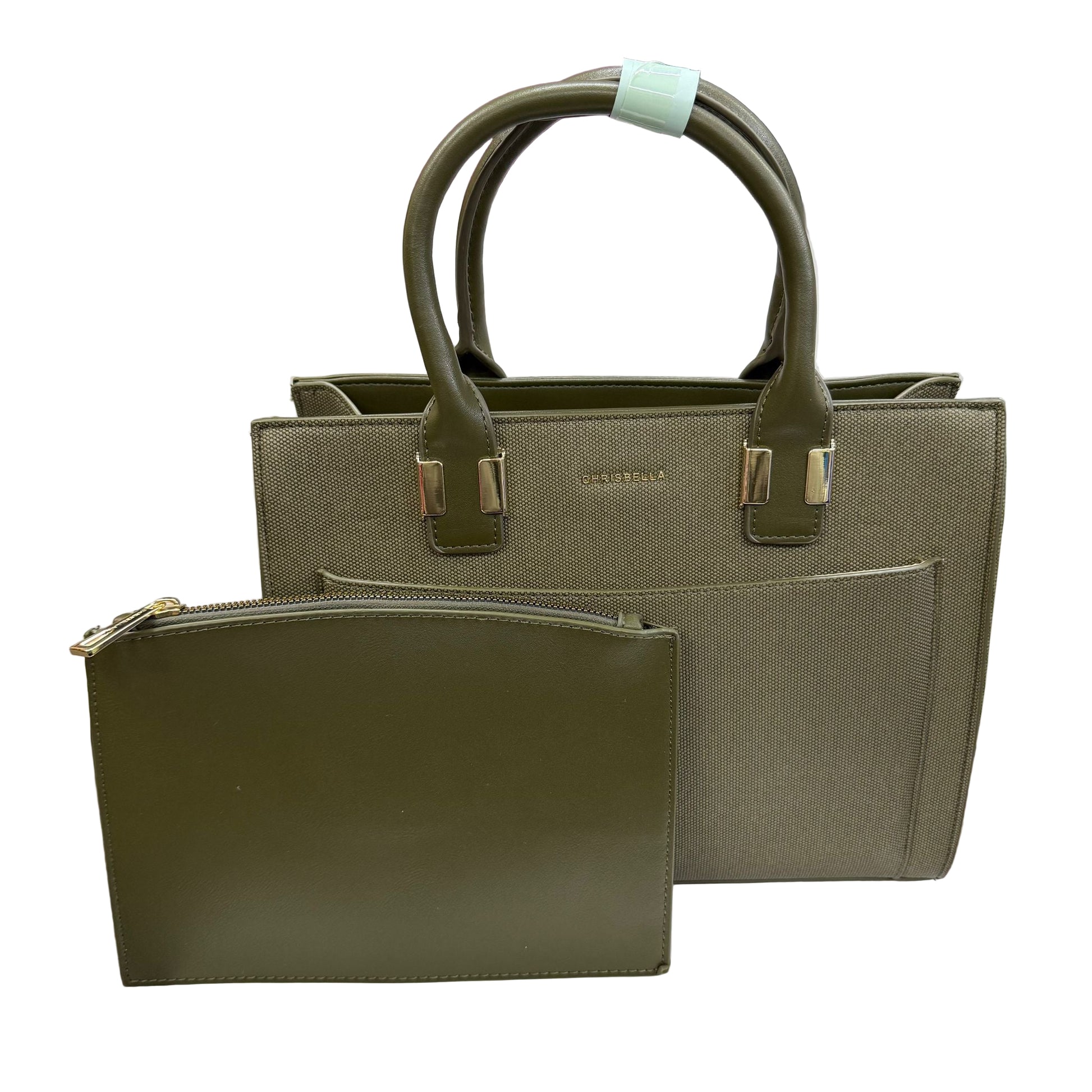 Green handbag and matching pouch on a white surface with a blurred background