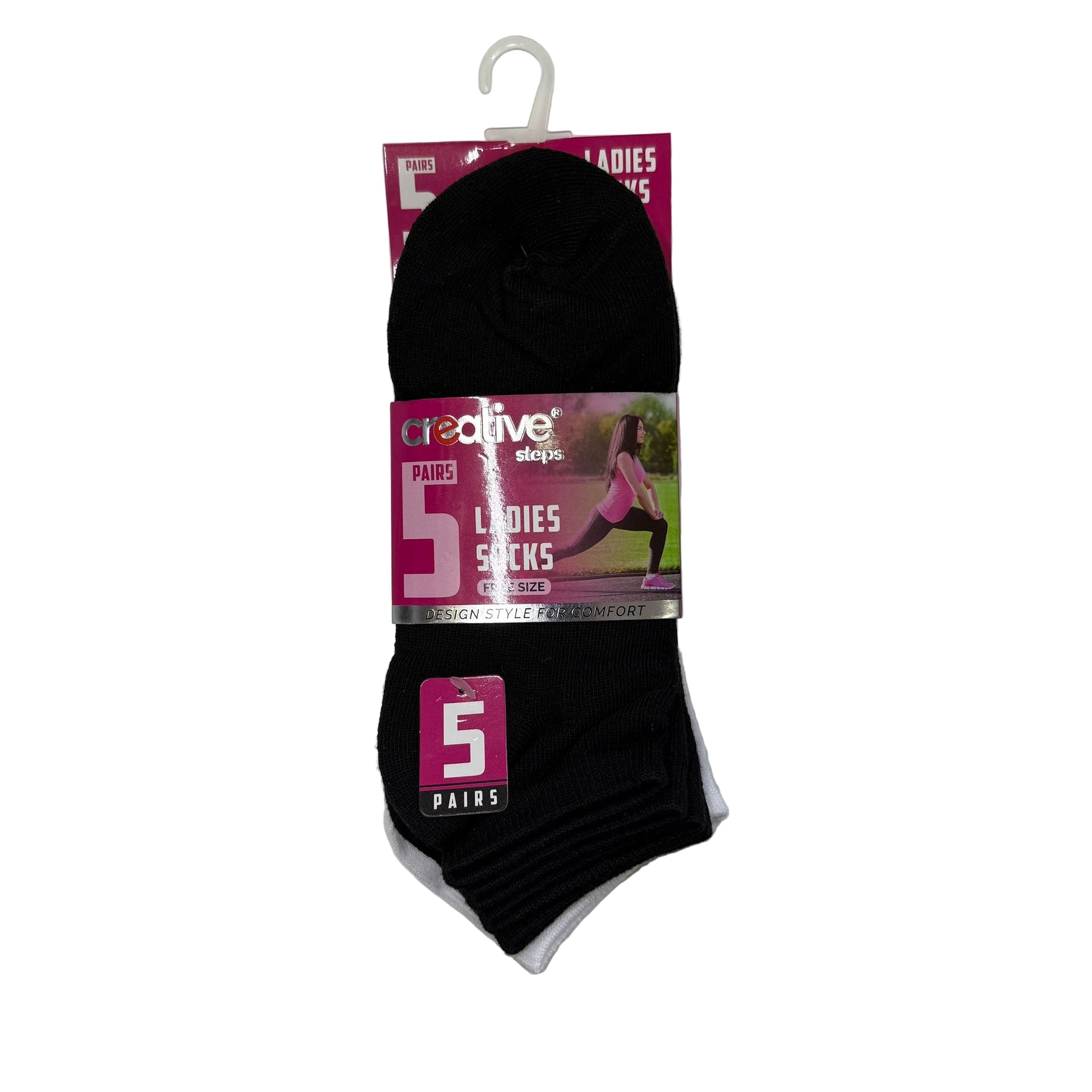Pack of black socks with a pink label on a white background