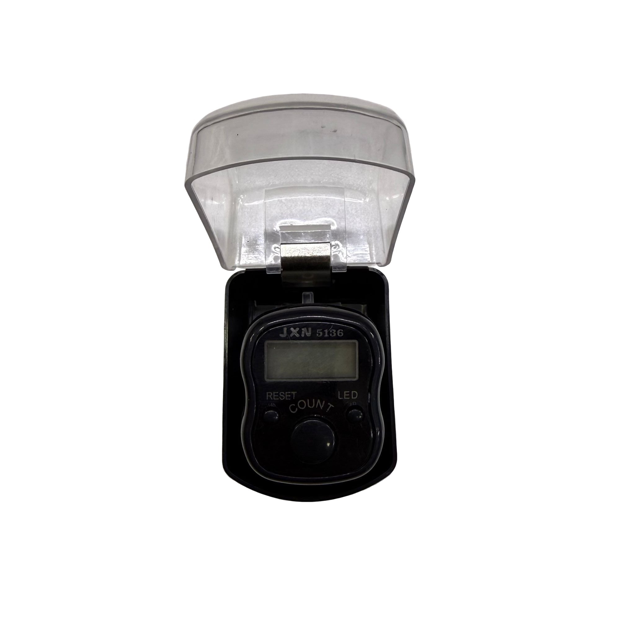 Black electronic device with a digital display and clear plastic cover on a white background