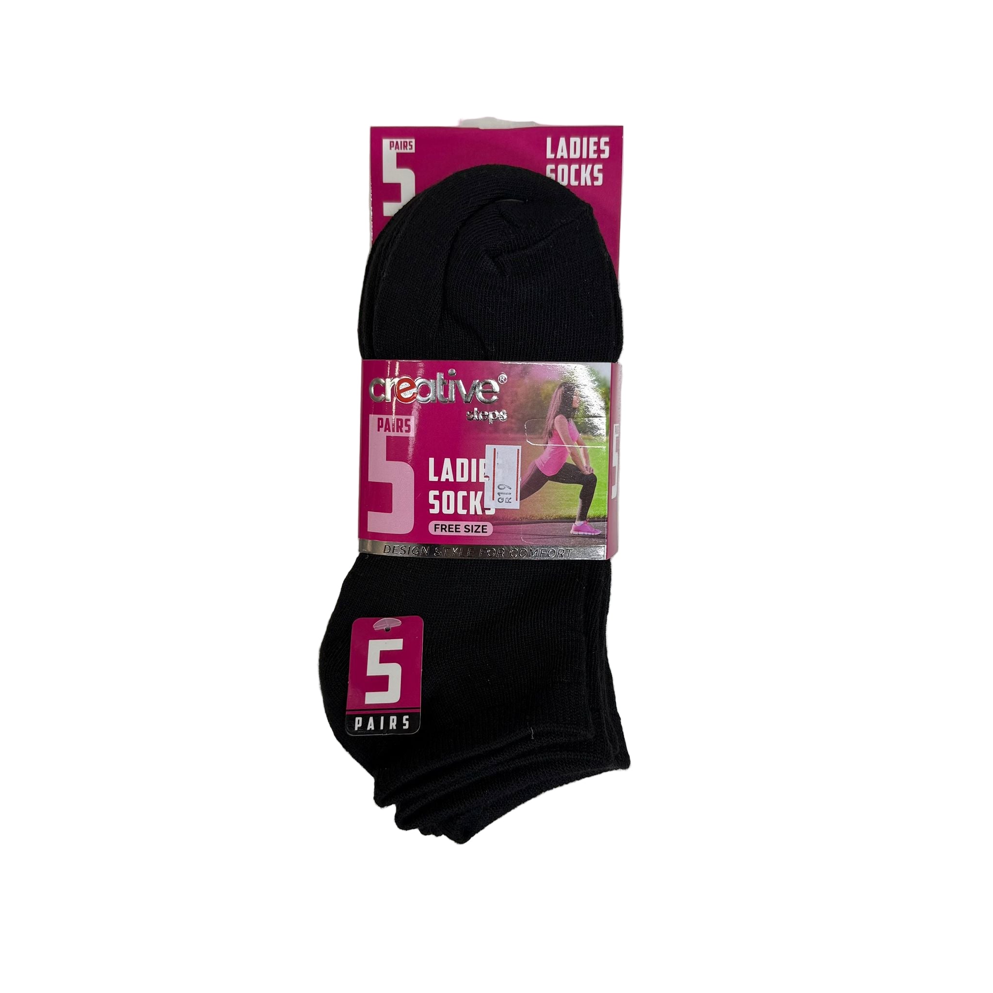 Pack of black socks with a pink and white packaging label on a white background