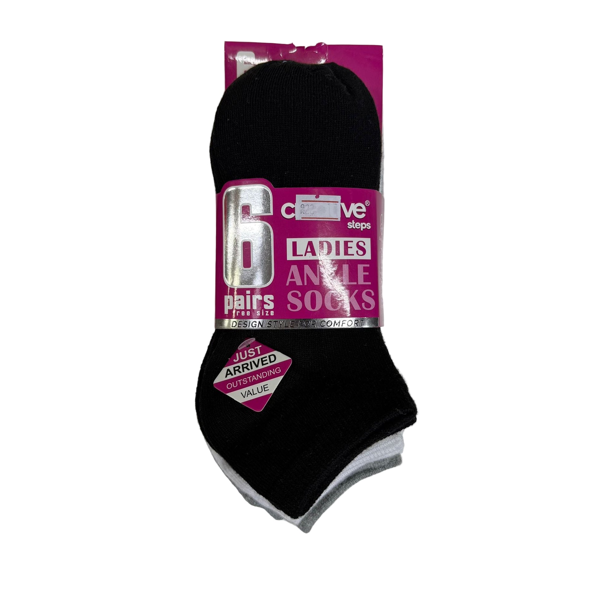 Pack of black ankle socks with a pink packaging label on a white background