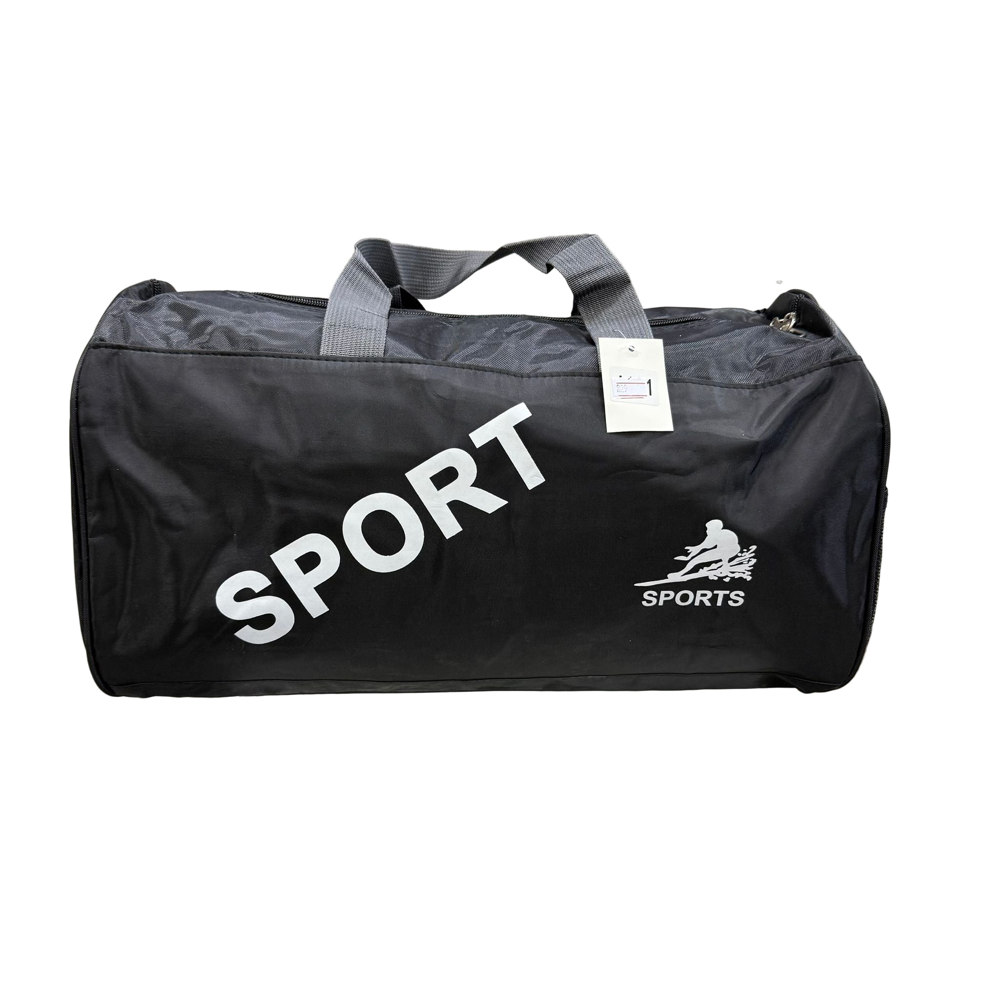Black sports bag with 'SPORT' text on a white stool