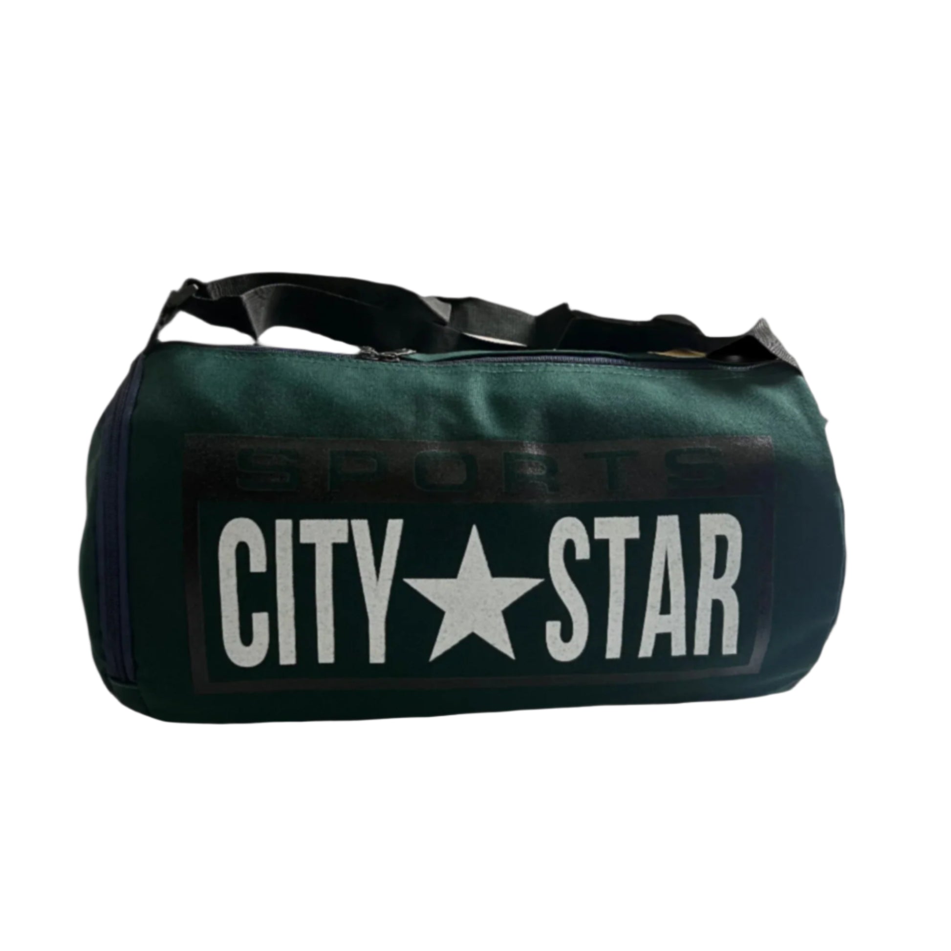 Green duffel bag with 'CITY STAR' branding on a black background