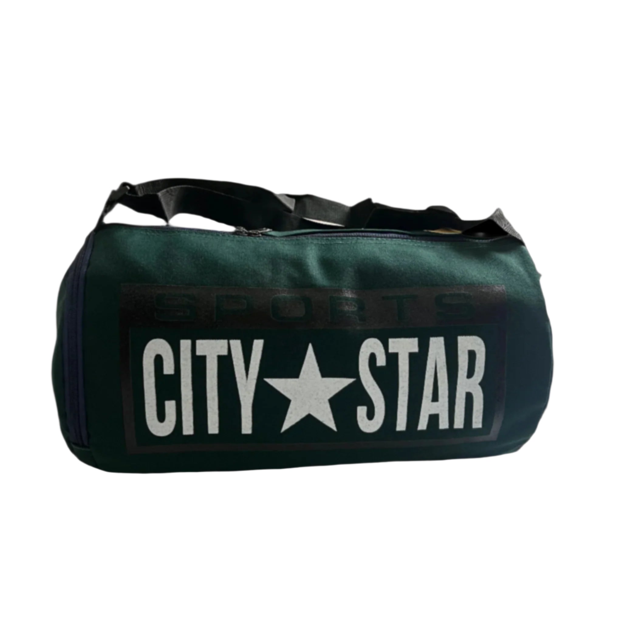 Green duffel bag with 'CITY STAR' branding on a black background
